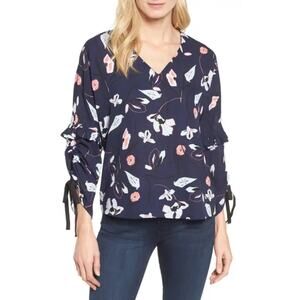 Halogen Floral Print Navy Blue Ruched Tie Sleeve V-Neck Blouse Top